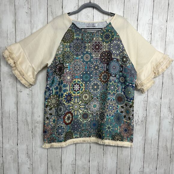 Misslook Plus Size Short Sleeve Geometric Fringe Flowy High Neck Blouse 3XL - Picture 1 of 9